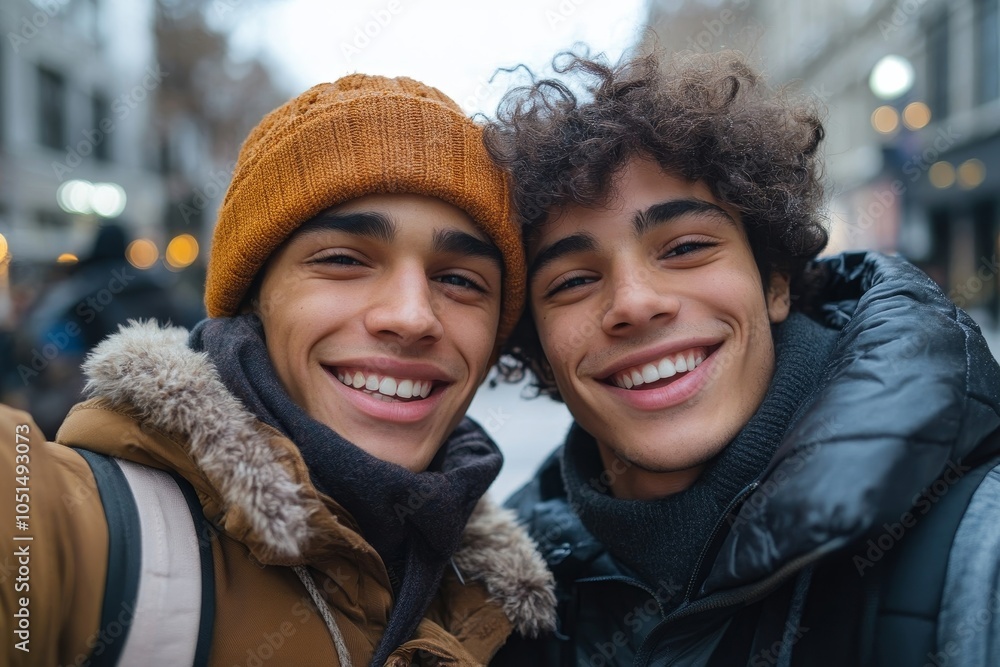 Young gay couple taking a selfie together, Generative AI Young gay couple taking a selfie together, Generative AI