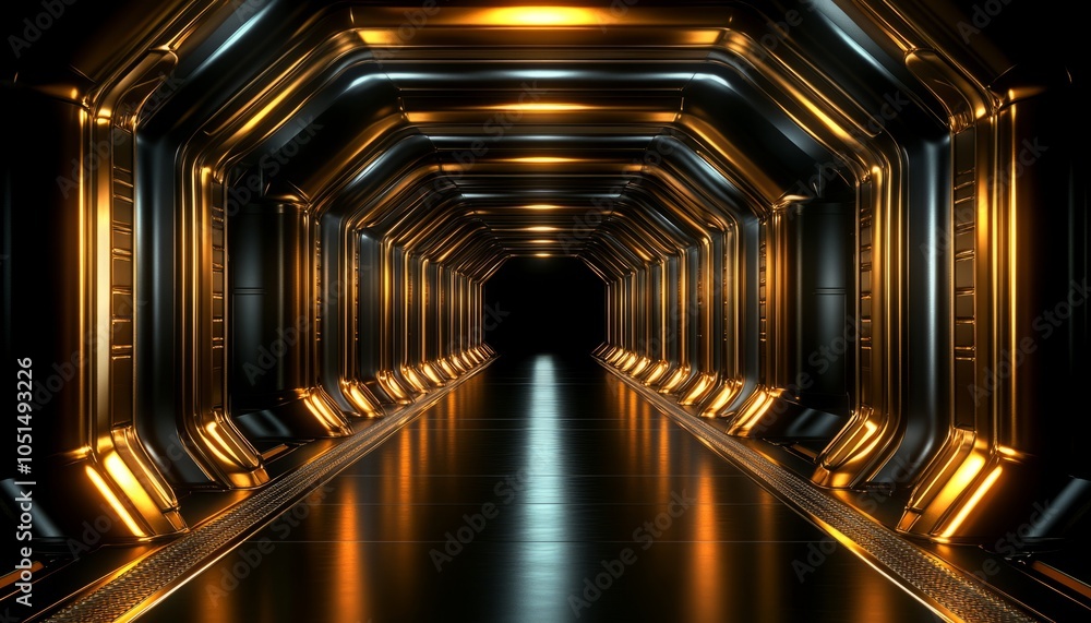 Naklejka premium Golden and Black Futuristic Corridor with Glowing Lights