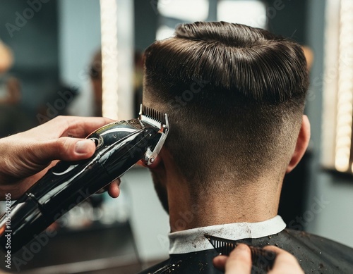 Close-up of hands using hair clippers to trim short, dark hair, with precise attention to detail in a modern salon setting. photo