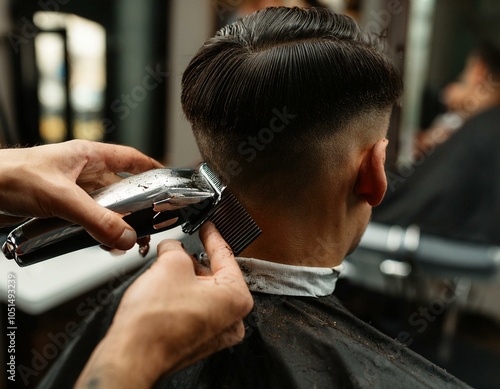 Close-up of hands using hair clippers to trim short, dark hair, with precise attention to detail in a modern salon setting.