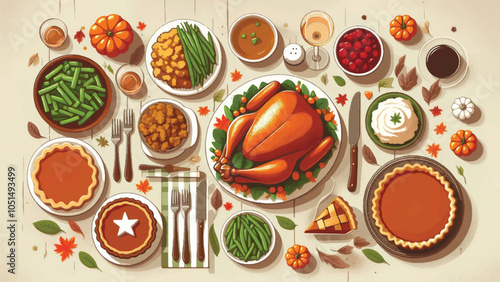 A top-down view of a Thanksgiving feast spread out on a table. The table is packed with a roasted turkey, stuffing, mashed potatoes, green beans, and pumpkin pie slices 