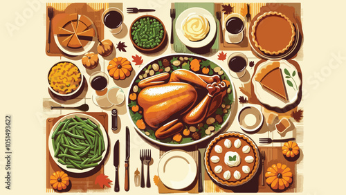 A top-down view of a Thanksgiving feast spread out on a table. The table is packed with a roasted turkey, stuffing, mashed potatoes, green beans, and pumpkin pie slices 