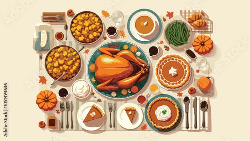A top-down view of a Thanksgiving feast spread out on a table. The table is packed with a roasted turkey, stuffing, mashed potatoes, green beans, and pumpkin pie slices 