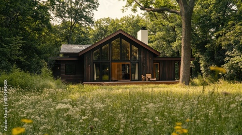 A rustic-modern blend home with dark wood siding, large sliding doors, and a wraparound porch. The house is surrounded by wild grasses and framed by tall trees for a natural look.