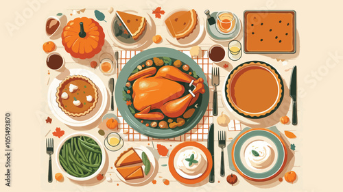 A top-down view of a Thanksgiving feast spread out on a table. The table is packed with a roasted turkey, stuffing, mashed potatoes, green beans, and pumpkin pie slices 
