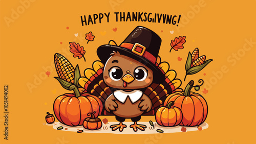 A cute cartoon-style turkey wearing a pilgrim hat, standing on a patch of fallen leaves. Around it are pumpkins, corn cobs, and acorns. The turkey holds a sign that reads, 'Happy Thanksgiving!' 3