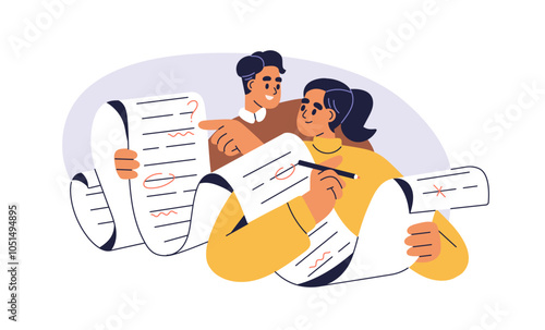 Document review, grammar and spelling check, correction concept. Editing, correcting mistakes on paper. Editors proofreading, text improvement. Flat vector illustration isolated on white background