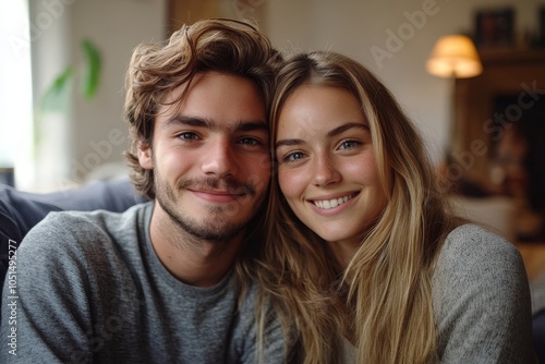 Happy young couple at home, Generative AI