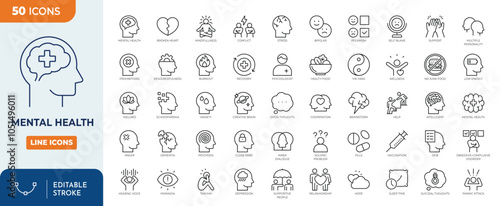 Mental Health line editable icon set.