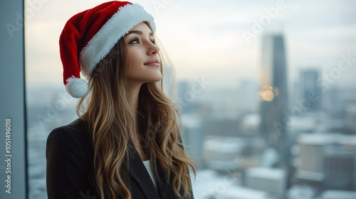 Young businesswoman in santa hat standing near panoramic windows in office and looking into the distance photo