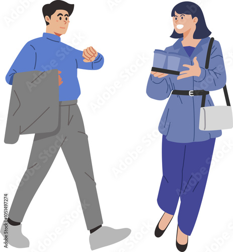 Young Man and Woman in Casual Office Attire Meeting Outdoors – Vector Illustration of Professional People Interacting with Gifts and Documents in Hand