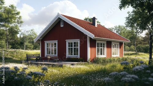 A classic red and white Scandinavian cabin featuring a steep roof and white-framed windows. The front yard includes a small wooden deck with a bench, bordered by wild grasses and shrubs.