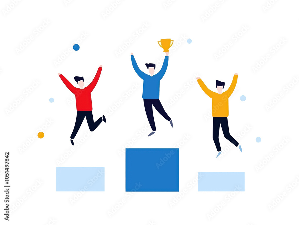 Illustration of three men celebrating on a winners' podium. The central figure holds a trophy, while the others jump with joy, symbolizing achievement and victory. Illustration of three men celebrating on a winners' podium. The central figure holds a trophy, while the others jump with joy, symbolizing achievement and victory.