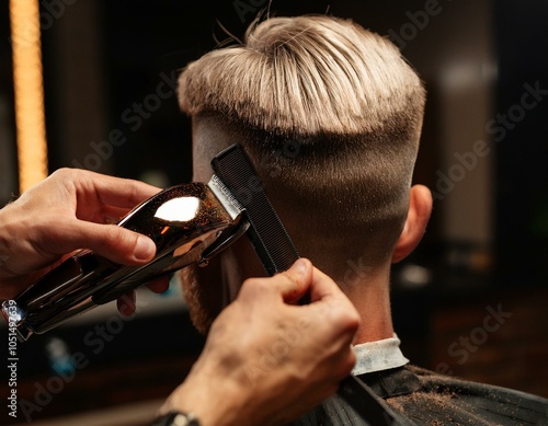 Close-up of hands using hair clippers to trim short, dark hair, with precise attention to detail in a modern salon setting. photo