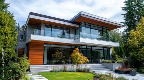 A two-story contemporary house with an asymmetrical design, showcasing large, tinted windows and an expansive balcony. The exterior features a striking contrast between polished wood.