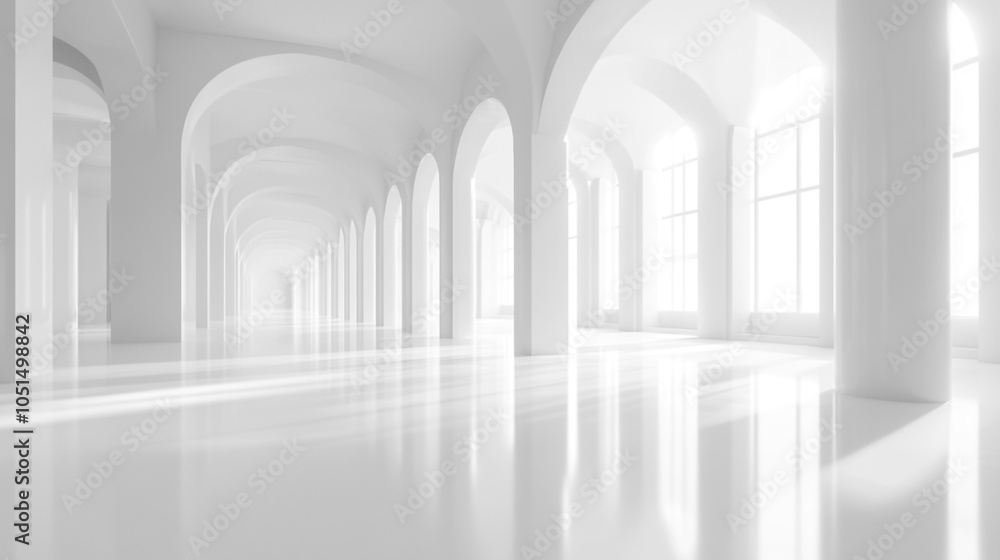 Fototapeta premium Bright, airy interior with arches and large windows in a minimalist space