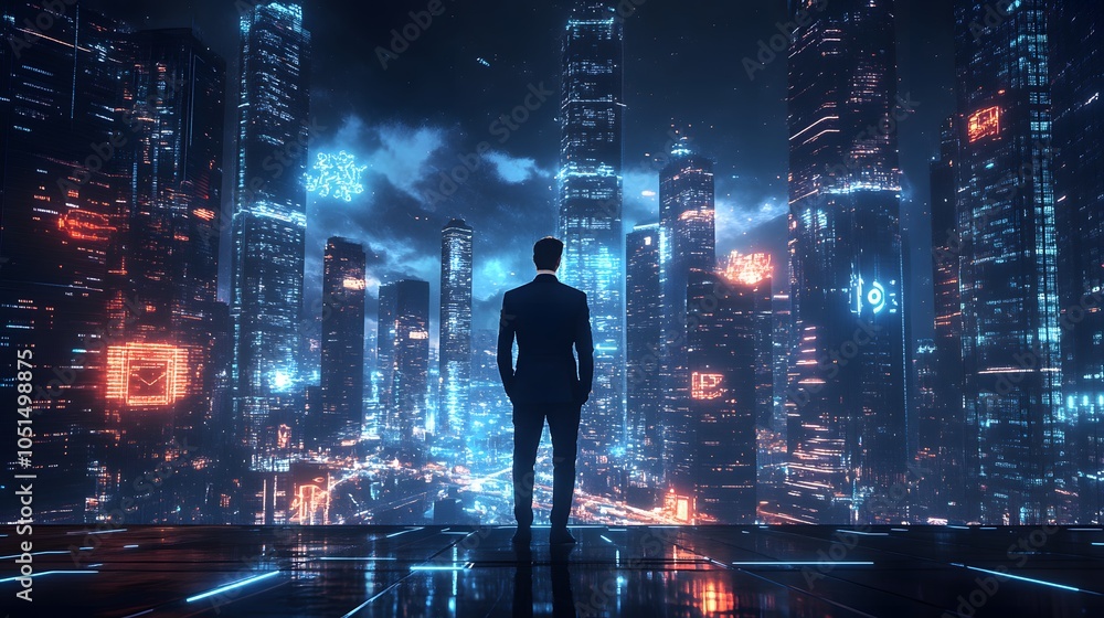 Business man on future network city. Business man on future network city.