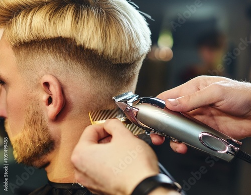 Hands holding hair clippers steady, creating a sleek undercut on blonde hair, with clippers glinting in the vibrant salon atmosphere. photo