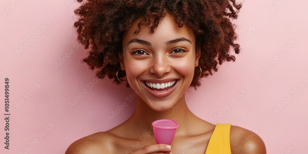 Happy young woman holding a menstrual cup and a menstrual disc, Generative AI Happy young woman holding a menstrual cup and a menstrual disc, Generative AI