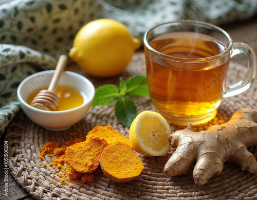 Ingredients for a cold-fighting herbal tea. photo