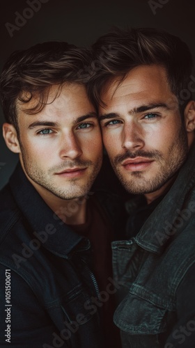 Romantic gay couple posing in a studio, Generative AI