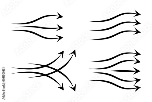 Wind blowing illustration with arrow pattern. Airflow doodle icon. Hand drawing breeze motion. Water flow and ocean wave icon.