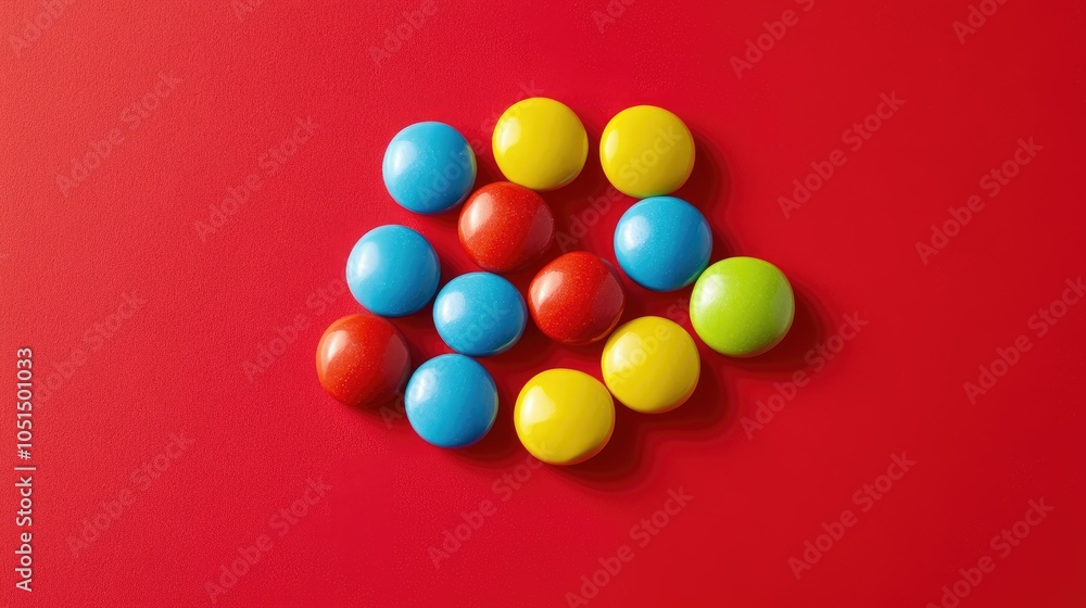 Brightly colored Smarties arranged in a cluster on a bold red background, their round shapes and colors standing out. Brightly colored Smarties arranged in a cluster on a bold red background, their round shapes and colors standing out.