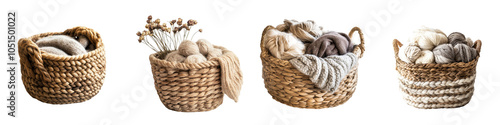 Cozy wicker baskets filled with knitted wool yarn natural materials and textured decorative elements creating a warm and hygge inspired autumn or winter scene photo