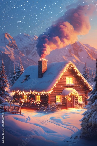A snowy mountain cabin with smoke curling from the chimney and twinkling Christmas lights outlining the roof. 