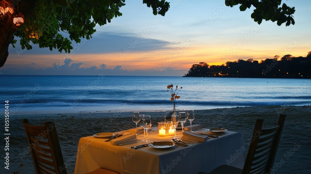 Fototapeta premium Candlelit dinner for two on the beach, featuring white linens and delicate tableware, with the sound of waves nearby