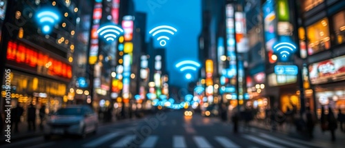 A bustling city street at night features vibrant lights and wireless symbols, showcasing advanced urban infrastructure and connectivity