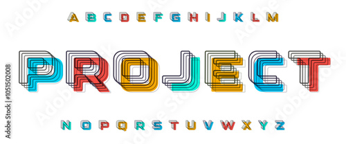 Layered outline alphabet. Blending overlapping lines and multicolor shapes. Geometric experimental font for creative projects, digital art, contemporary branding, innovative posters. Vector typeset.