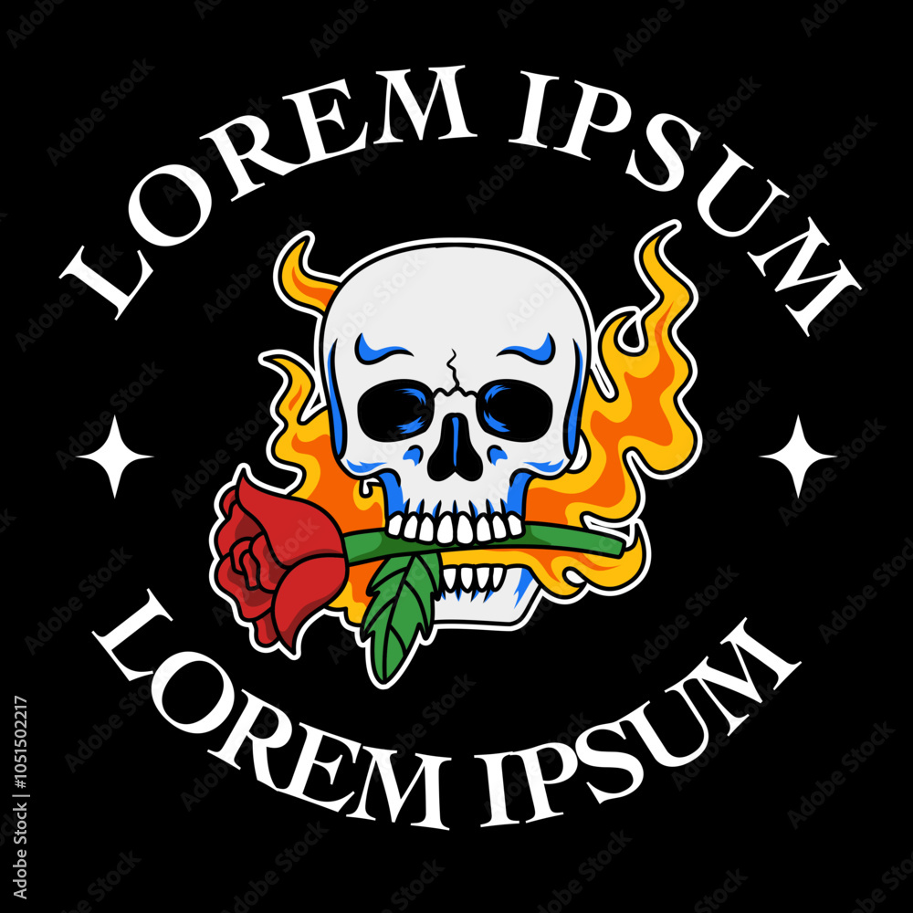 Skull with fire and rose tattoo style vector for apparel or clothes Skull with fire and rose tattoo style vector for apparel or clothes
