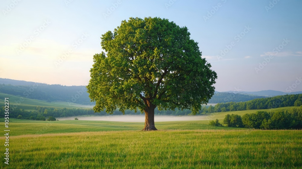 Obraz premium Lone majestic tree on a vibrant green hillside under a clear blue sky