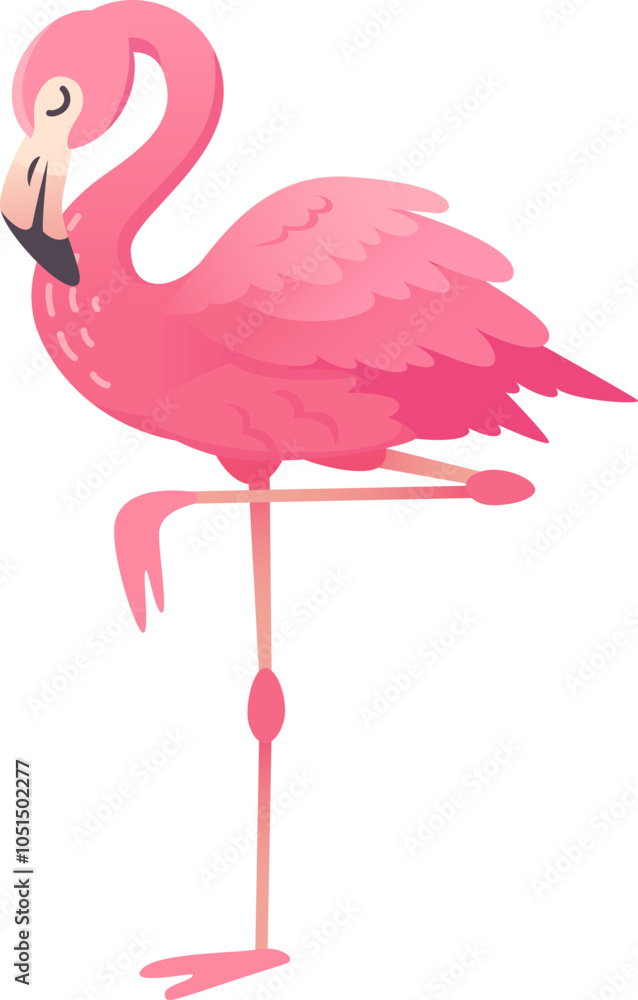 Obraz premium Graceful pink flamingo standing on one leg in tropical setting, adding charm and cuteness to projects with vibrant minimalist design. Perfect for summer fun in greeting cards and social media