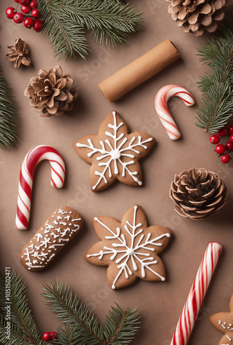 Weihnachtliches Flat Lay mit Lebkuchenkeksen, Zuckerstangen, Tannenzweigen und Tannenzapfen auf braunem Hintergrund, winterliche Dekoration photo