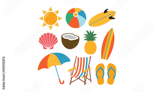 Summer Beach Icon Set with Surfboards, Umbrella, and Flip-Flops, Colorful vector illustration of beach-themed icons, including a sun, beach ball, surfboards, coconut, pineapple, shell, umbrella, chair