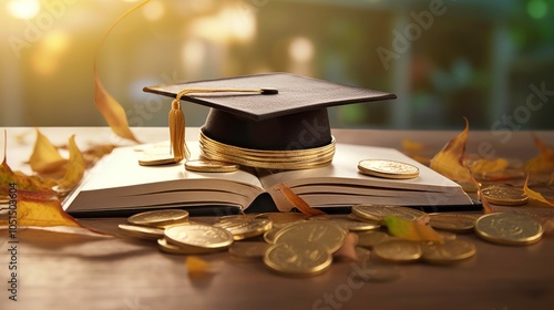 Graduation Cap on Book with Coins