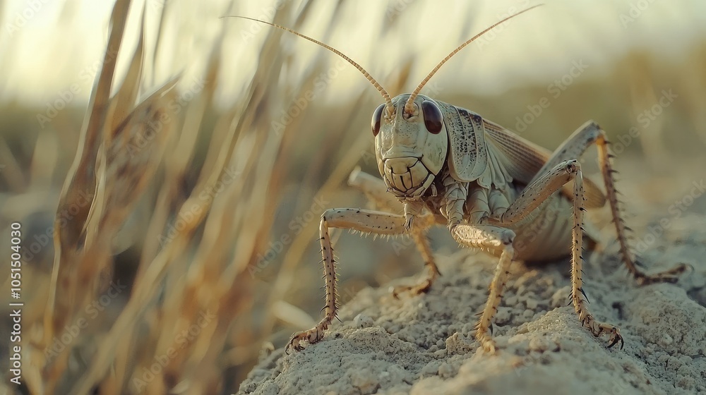 Close-up of a grasshopper perched on a rock in a field. Close-up of a grasshopper perched on a rock in a field.