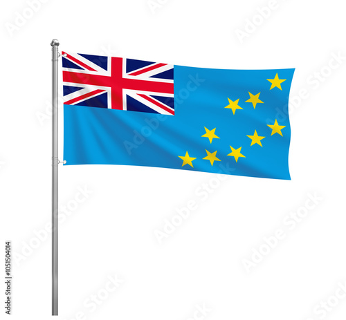 Tuvalu National flag waving in the wind on a silver pole, isolated on transparent