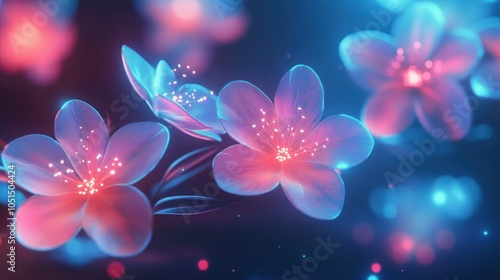 Abstract digital art of glowing pink and blue flowers with bokeh background.