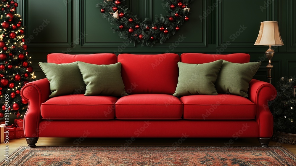 Comfortable modern sofa decorated with pillows in holiday colors of cherry red and vibrant green. Comfortable modern sofa decorated with pillows in holiday colors of cherry red and vibrant green.