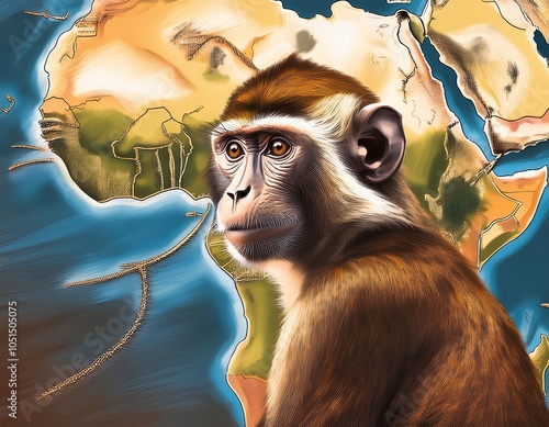 Prominent monkey in front of africa's map. showcasing nature's beauty and immense biodiversity. emphasizing the continent's wildlife richness and ecological variety. photo