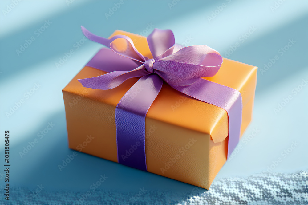 Obraz premium A yellow gift box tied with a purple ribbon is placed on a blue background, ready to be given as a special gift to someone important on any special occasion.