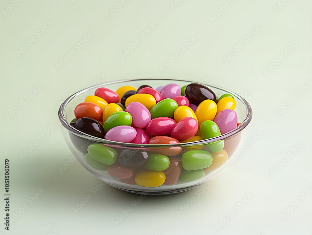 A bowl of colorful jelly beans against a green background A bowl of colorful jelly beans against a green background