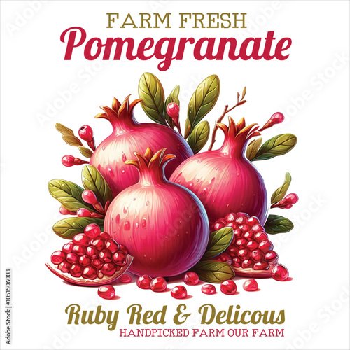 FARM FRESH POMEGRANATE 100% FRESH RUBY RED & DELICOUS HANDPICKED FARM OUR FARM   VINTAGE FRUIT T-SHIRT DESIGN	