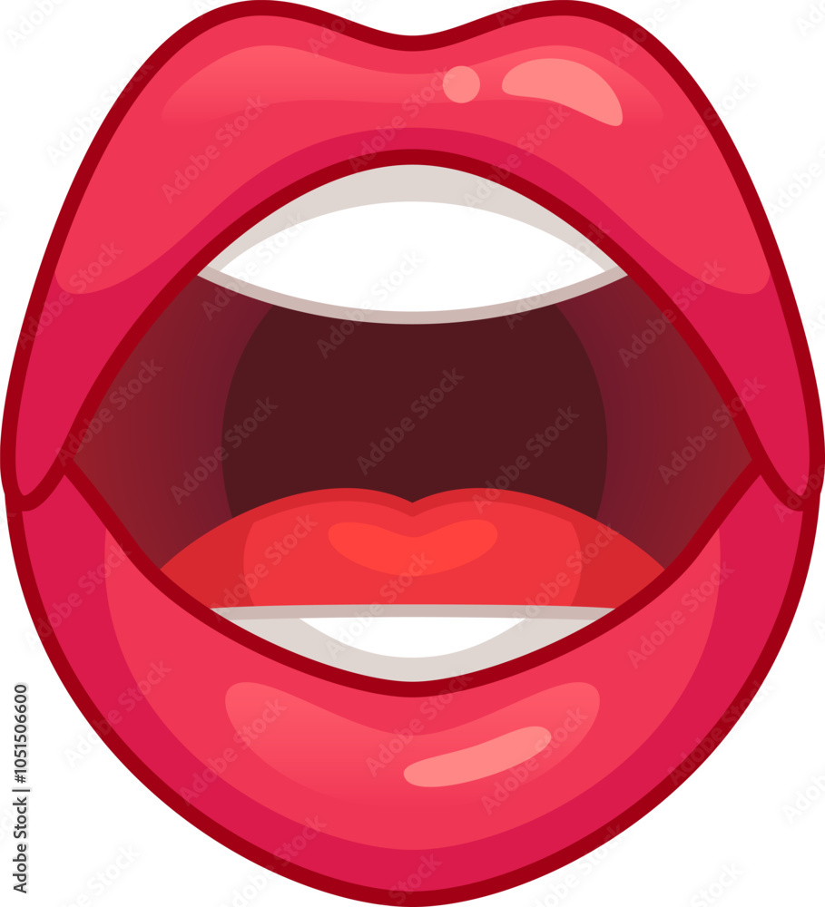 Glossy red lips are slightly open, showing teeth and tongue, perhaps talking, singing, or shouting. Glossy red lips are slightly open, showing teeth and tongue, perhaps talking, singing, or shouting.