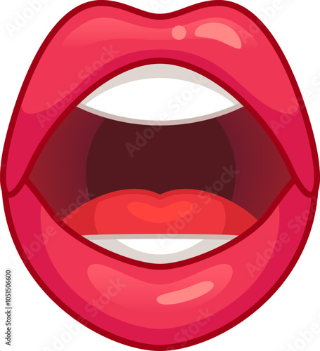 Glossy red lips are slightly open, showing teeth and tongue, perhaps talking, singing, or shouting.