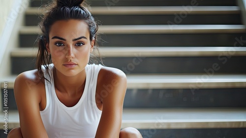 Young woman sitting on stairs, serious expression, casual wear, natural lighting.