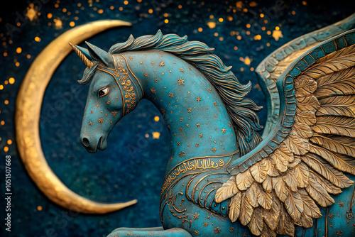 Mystical steed with crescent moon and golden winged details